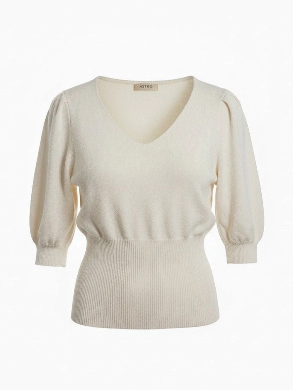 Astrid Cream V-Neck Puff Sleeve Sweater Like New